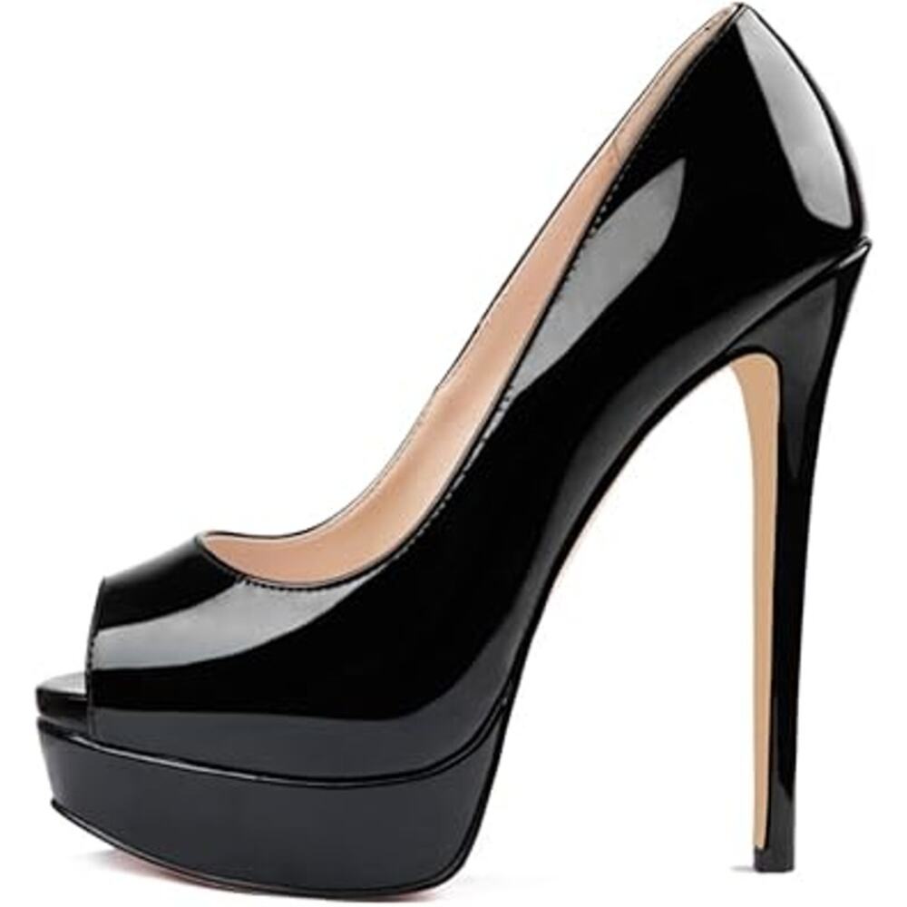 New Merumote Womens Size 7 Shiny Black Peep Toe 6" Platform Heel Stilletto Shoes
